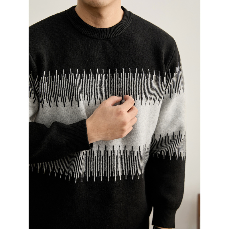 Luud High-Weight 750g Trendy Round-Neck Long-Sleeve Knit Sweater for Men, Winter Sonic Texture Color-Block Sweater