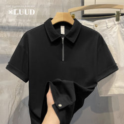 LUUD solid color loose zipper lapel polo top simple button design men's versatile short-sleeved polo T-shirt