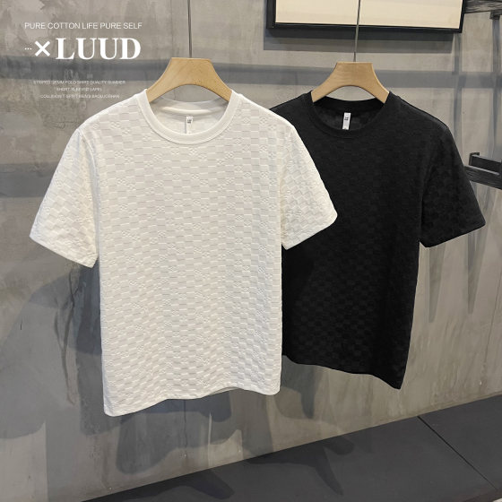 LUUD high-end European plaid pattern short-sleeved shirt for men, light luxury temperament, solid color casual round neck T-shirt top