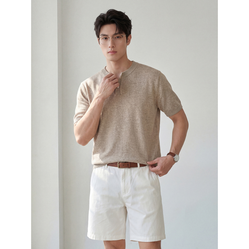 Luud Elegant and Mature Style Solid Color Knitted T-Shirt for Men, Breathable and Comfortable Cotton Henley Collar Short-Sleeve Top for Summer Luud Elegant and Mature Style Solid Color Knitted T-Shirt for Men, Breathable and Comfortable Cotton Henley Collar Short-Sleeve Top for Summer
