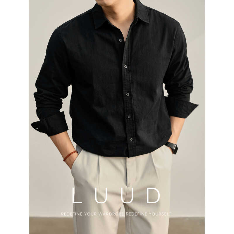 Luud High-End Korean Style 100% Pure Cotton Lapel Shirt for Men, Autumn Solid Color Fashionable Versatile Long-Sleeve Shirt Jacket
