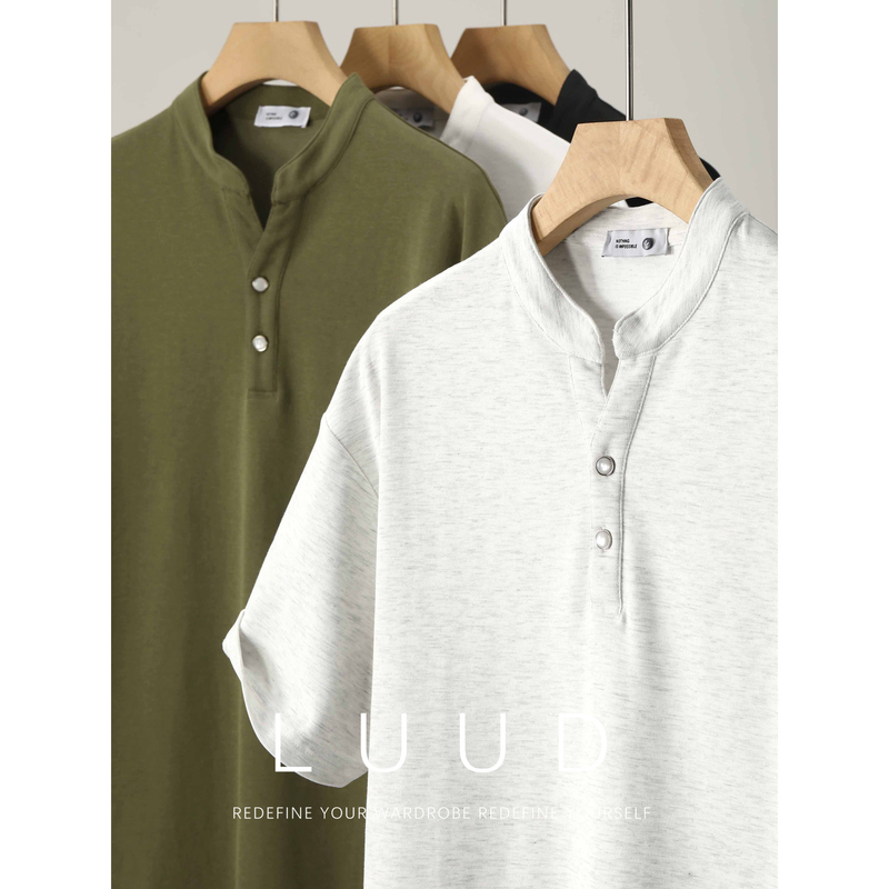 Luud High-Quality Breathable Skin-Friendly Cotton Blend T-Shirt with Comfortable Cat's Eye Stone Buttons and Henley Collar for Men