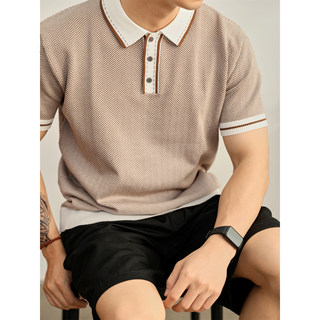 Luud retro contrast herringbone textured lapel polo shirt men's cold garnish light-proficient jacquard knitted top