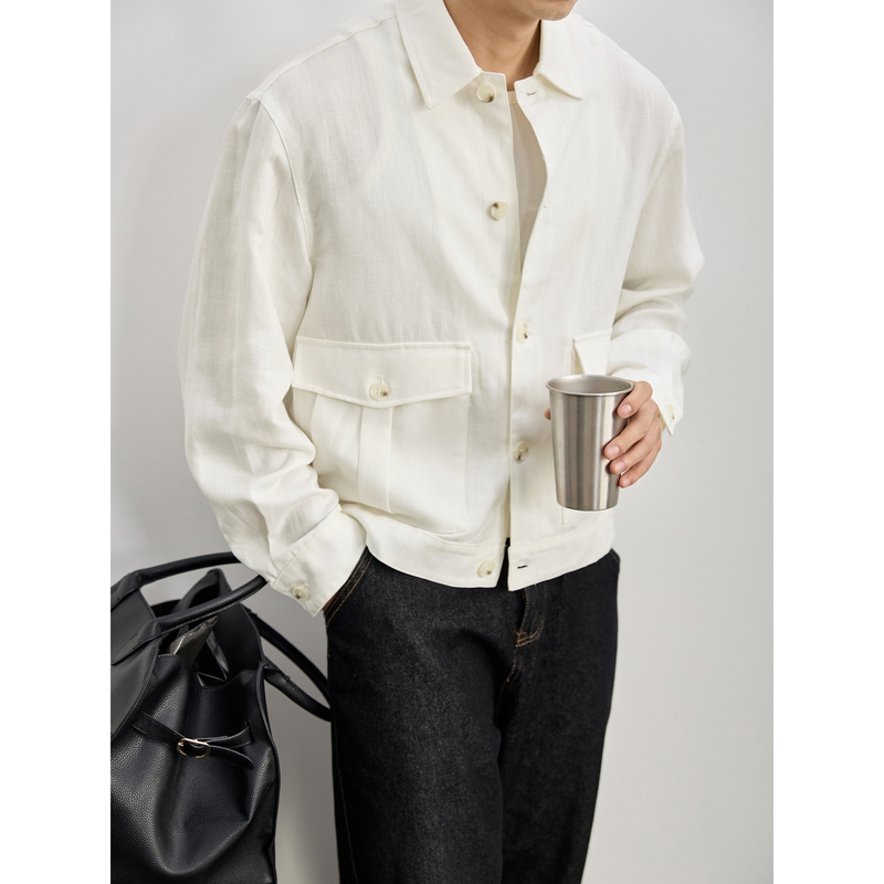 Luud Tencel Lyocell Linen Breathable Moisture-Wicking Jacket Double-Flap Large Patch Pocket Workwear Short Wide Jacket for Men Spring