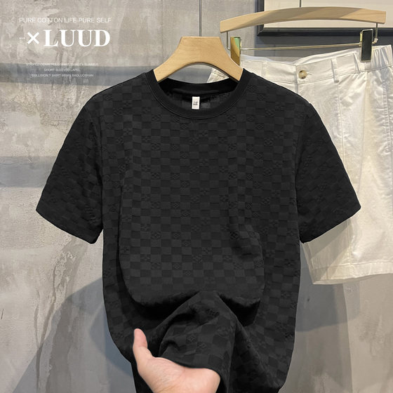 LUUD high-end European plaid pattern short-sleeved shirt for men, light luxury temperament, solid color casual round neck T-shirt top