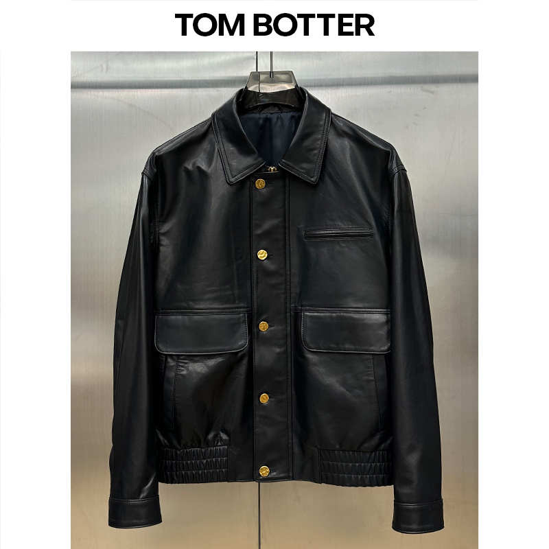 Tb First-Layer Kid Leather Jacket for Men, Lapel, Light Luxury, Fashionable, Casual, Genuine Leather, Short Biker Jacket, Loose Fit