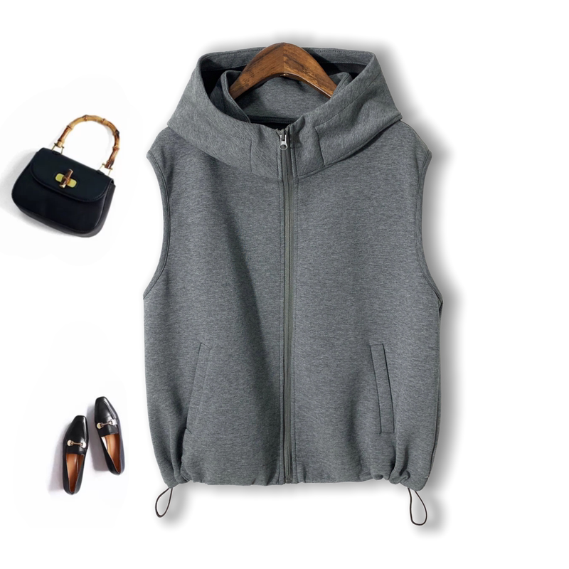 Casual Loose-Fitting Solid Color Hooded Space Cotton Vest Autumn Women's Sleeveless Zip-Up Hoodie Top Spring