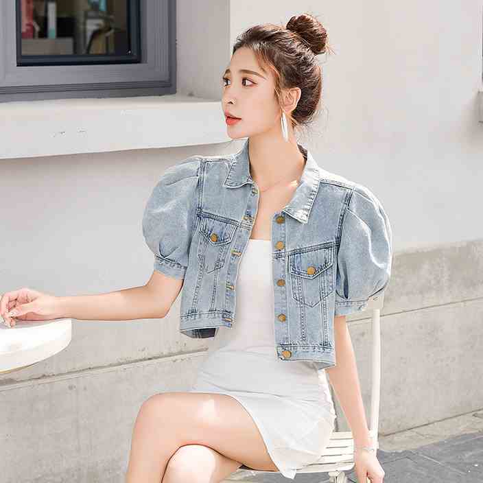Puff Sleeve Short Denim Jacket for Women 2026 Summer Retro Hong Kong Style Loose High-Waisted Versatile Shawl Top