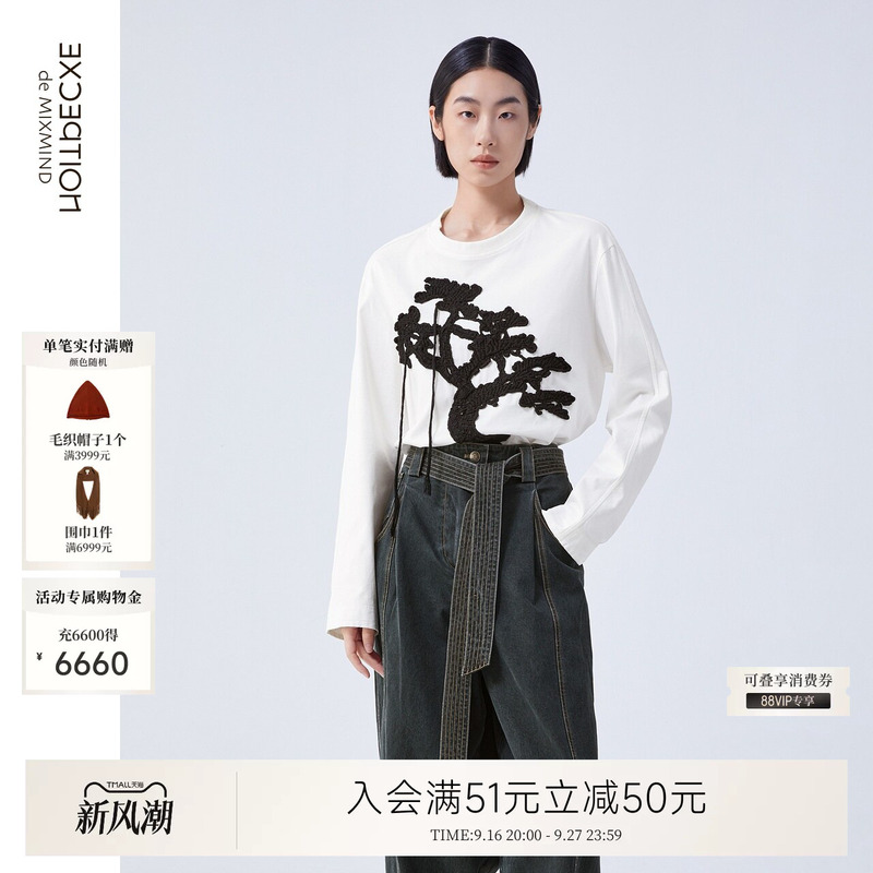 Exception Exception Pure Cotton Spring and Autumn Style Hand-Crocheted Pattern Slit Design Round Neck Knitted Long-Sleeve T-Shirt Women's Top