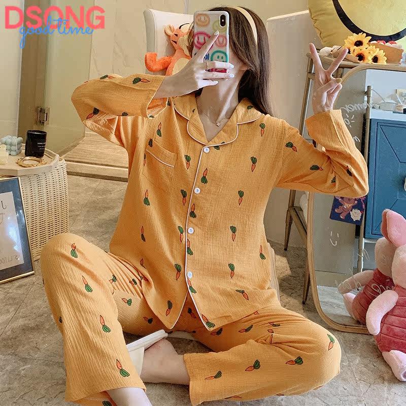 Spring Autumn Long Sleeves Thin large size Sizes Pure Cotton Pyjamas 2022 New Summer Ladies Gauze Winter Home Clothing Suit