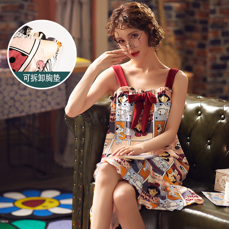 Đại Sông mùa hè sling bông đồ ngủ mỏng womens bông phim hoạt hình không thường xuyên về nhà mặc lỏng lẻo với váy ngực đệm ngủ.