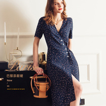 AI pointed goods Paris vintage floral tea break dress Slim thin leg long dress womens summer long dress