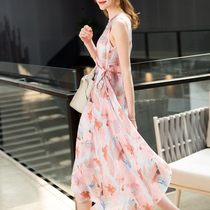 AI pointed goods Tencel linen fairy floral suspender dress large skirt showing legs long female summer long dress