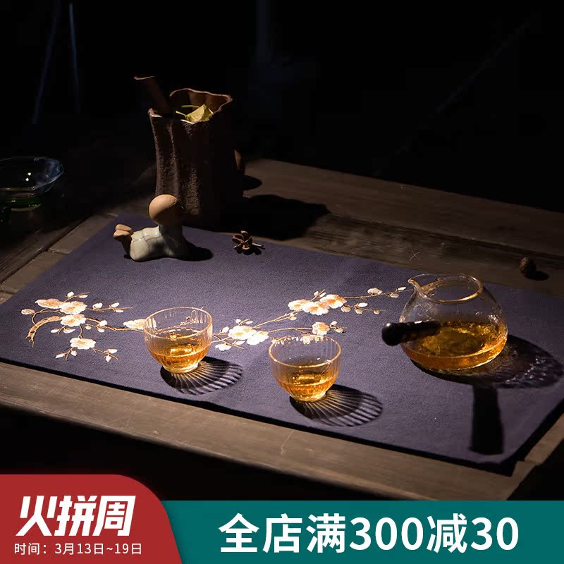 Cotton checking ceramic story zen embroidery table flag Chinese tea taking hand - made linen kung fu tea mat tea table