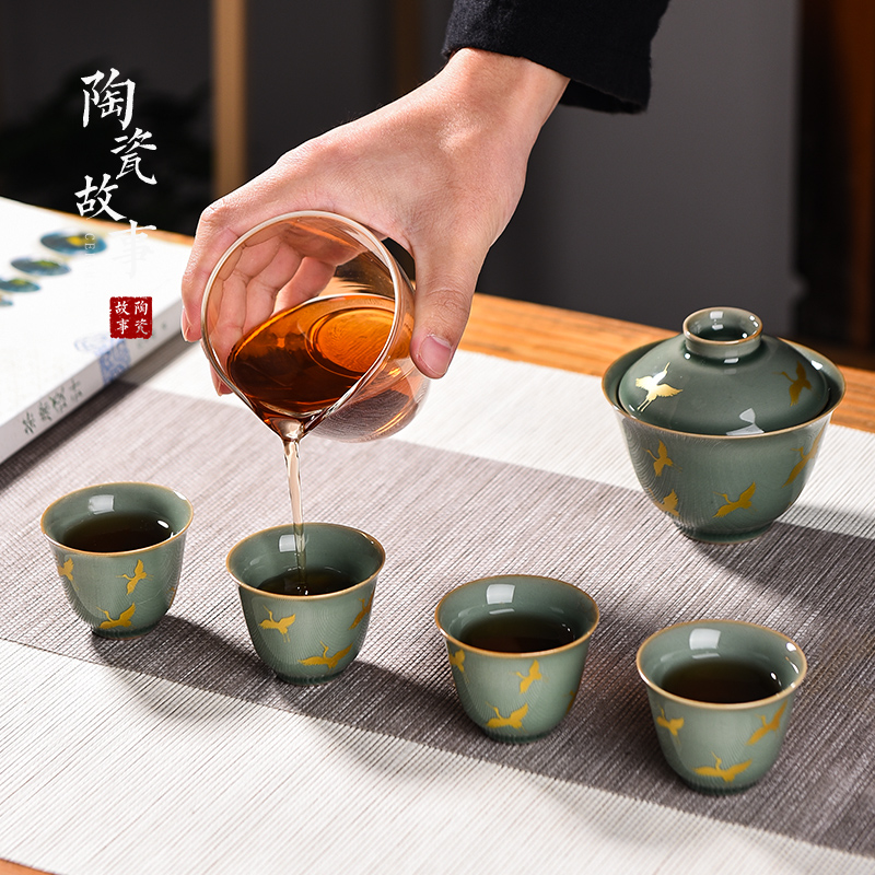 Ceramic story kung fu tea set suit small household set of tea cups high - grade office receive a visitor Ceramic tureen gift box