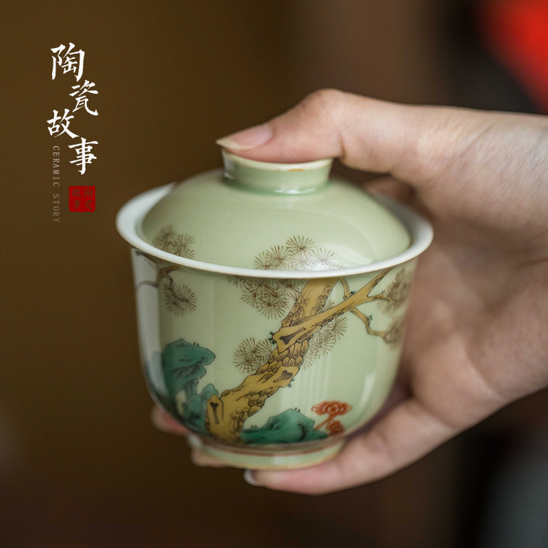 High - end checking hand - made ceramic story town tureen three tureen single pea green glaze not loose tureen