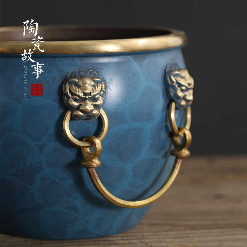 Ceramic story pure copper tea wash to wash to built water in a writing brush washer water jar household palace copper cylinder furnishing articles Japanese zen tea set