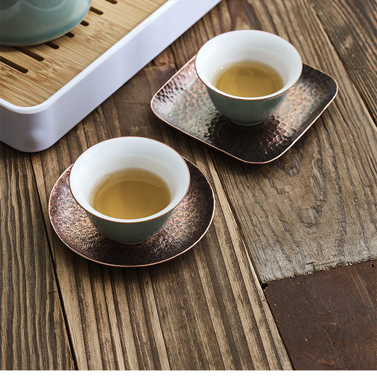 Copper hammer eye grain ceramic story coasters Japanese zen cup saucer insulation prevent hot kung fu tea accessories