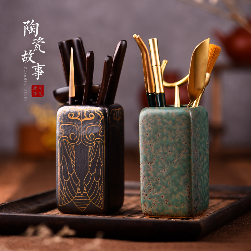 Ceramic knives story tea tea six gentleman 's suit ChaZhen kung fu light key-2 luxury ebony pure copper tea accessories