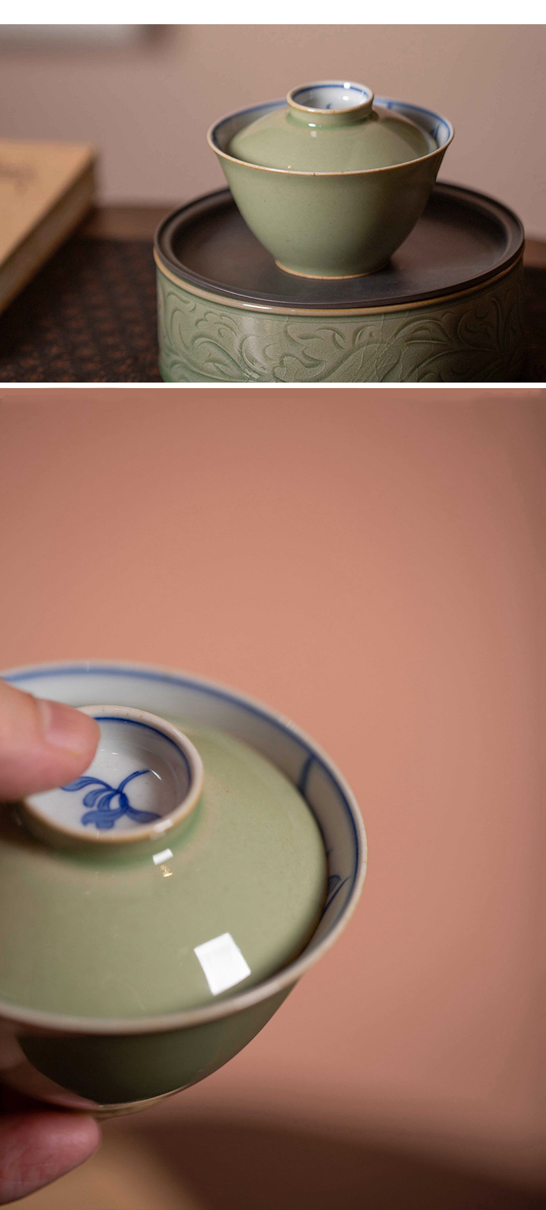 High - end checking hand - made ceramic story town tureen three tureen only a single pea green glaze LanYin tureen