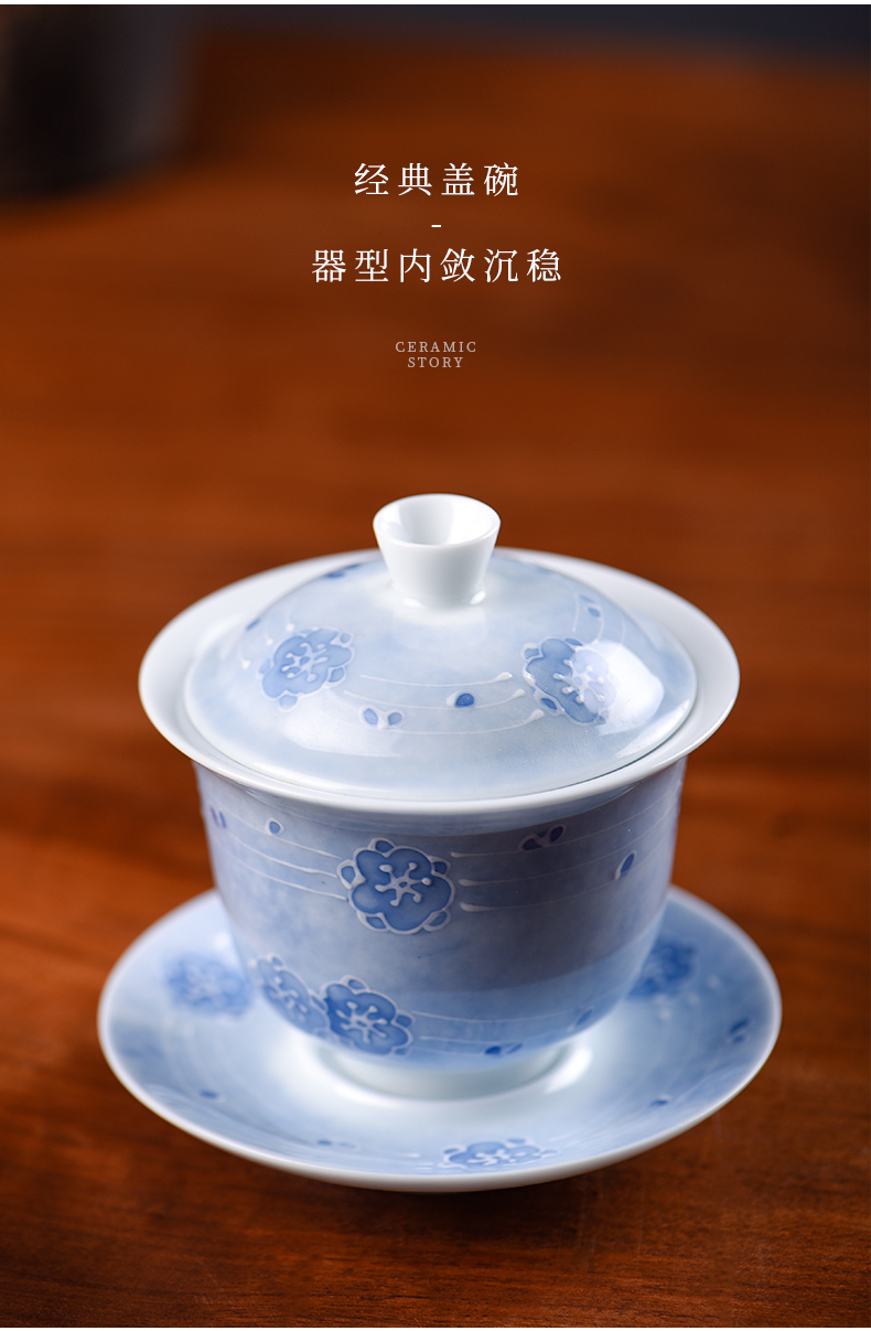 Jingdezhen ceramic story not hot tureen cup kung fu tea set manually high - grade ice name plum three tea bowl