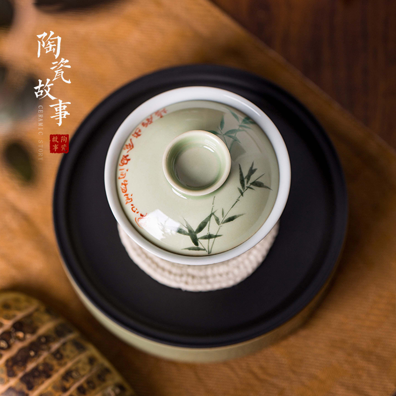 High - end checking hand - made ceramic story town tureen only three tureen single pea green glazed bamboo tureen