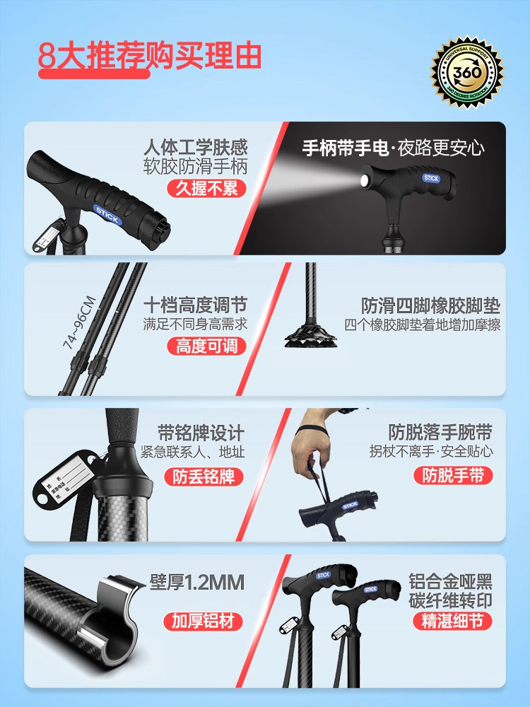 Cane for the Elderly, Non-Slip, Four-Legged, Lightweight, Telescopic Aluminum Alloy Walking Stick, Foldable, Anti-Fall Walking Stick, Walker for the Elderly