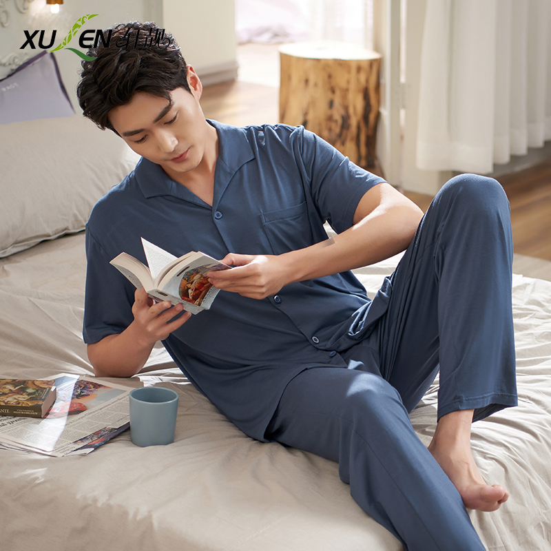 Mens đồ ngủ mùa hè mỏng Mordale tay áo ngắn Cardigan thiết lập lớn cha kích thước mùa xuân và mùa hè mens quần áo về nhà.