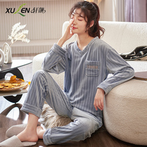 2022 New Pajamas Womens Autumn Winter Plus Plus Thick Long Sleeves Warm Coral Fleece Home Wear Sea Island Velvet Set