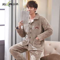 Coral velvet cotton pajamas mens autumn and winter three-layer thick winter cardigan warm cotton-padded jacket large size home suit suit