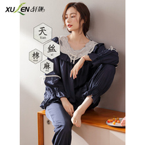Womens pajamas spring and autumn tencel hemp long sleeves long pants plus size loose temperament home wear womens set