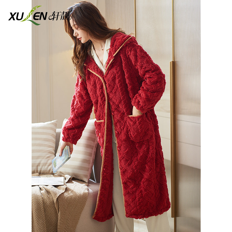 Flannel Sleepwear Lady Autumn Winter Thickened with velvety Long sleeves Lions morning robes New Chinese New Year Coral Suede Red Home Clothing
