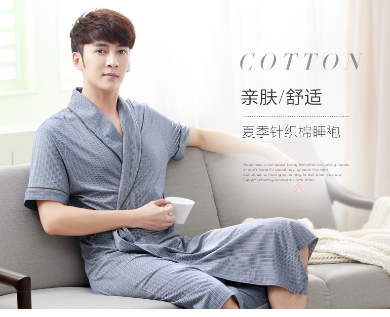 Xuanyuan nam áo ngủ mùa hè cotton ngắn tay áo choàng tắm mỏng áo choàng kích thước lớn dài dịch vụ nhà mùa xuân và mùa thu đơn giản đồ ngủ