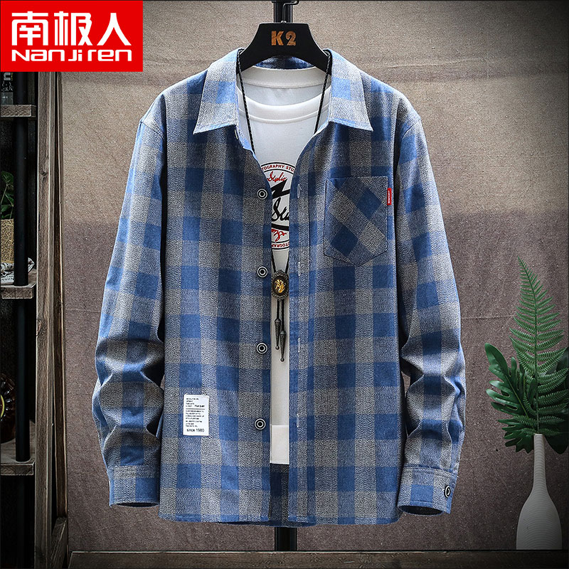 South Pole shirt male long sleeve 2022 fall new Korean version Trend plaid casual jacket handsome men's shirt