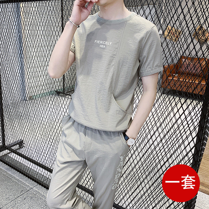 2022 new short-sleeved T-shirt tide brand handsome ice silk half-sleeved men's wear with a set of clothes summer casual suit