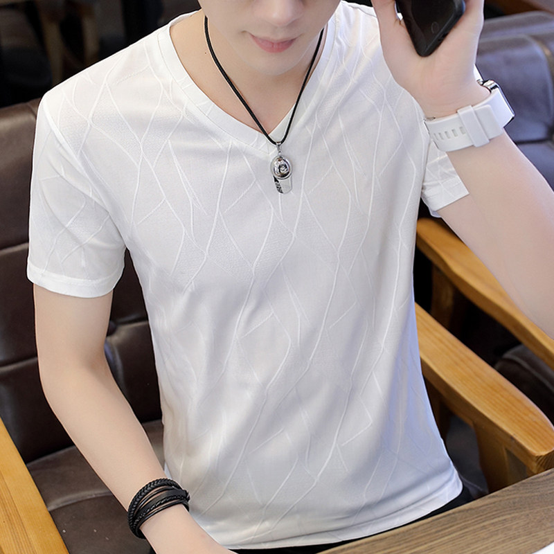 Men's short-sleeved T-shirt trend V-neck slim half-sleeved youth ultra-thin ice silk mesh yarn breathable cool top summer dress