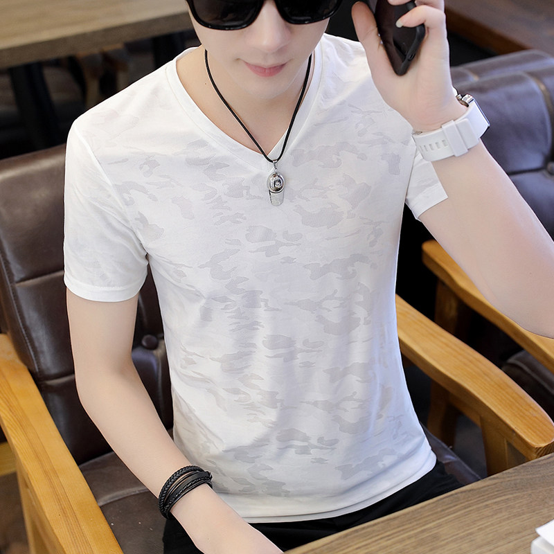 2020 new ice silk T-shirt men's short-sleeved trend V-neck slim-fit ultra-thin mesh cool half-sleeve summer top