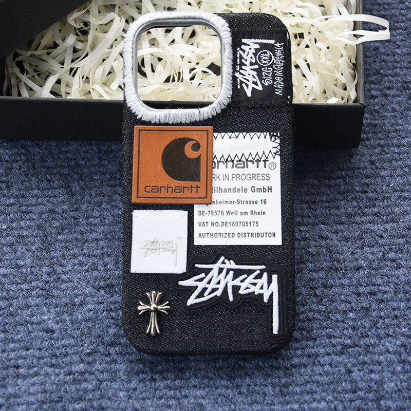Knitted Embroidered Denim Fabric Phone Case in Black, Suitable for Apple and Android Phones, Trendy European and American Style