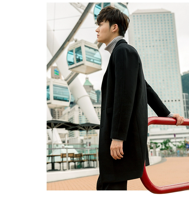 Carbine nam Slim Fit áo khoác phù hợp với cổ áo Hàn Quốc đen dài Wool Coat mùa thu và mùa đông