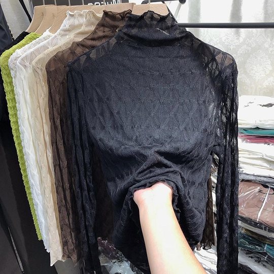 木耳高领蕾丝打底衫女秋冬2022新款内搭洋气欧货小衫雪纺网纱上衣