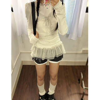 T-shirt japonais léger asiatique faux deux pièces à manches longues pour femmes automne et hiver nouveau style énorme belle jupe haut à lacets à pois