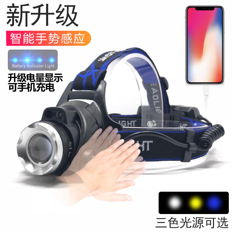 LED induction headlight strong light rechargeable super bright head-mounted flashlight zoom waterproof night fishing light lithium battery miner's lamp