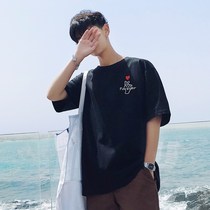 2019 summer new half-sleeved male T-shirt mens heart embroidered round neck shirt Korean fashion mens short sleeve t-shirt
