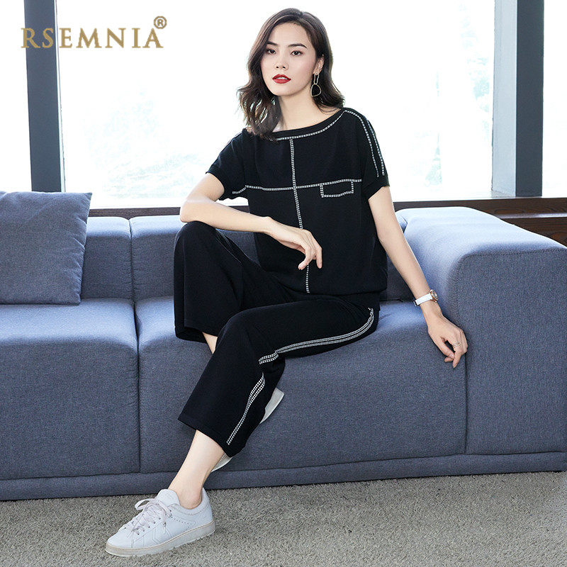 Rsemnia Day Series New Black Wide Pants Suit Women Ice Silk Short Sleeve Casual Sports Fashion Two Sets Ebb