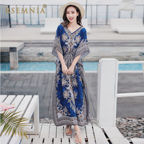Rsemnia2021 Summer Womens Short Sleeve Print Dress Ethnic Style Bohemia Long Dress Resort Beach Dress