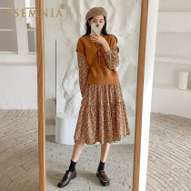 Rsemnia skirt foreign style floral dress long sleeve bottoming vintage skirt autumn winter dress Medium-length dress tide