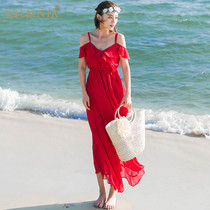 Rsemnia summer suspenders long dress red chiffon dress fashion travel strapless backless resort beach dress