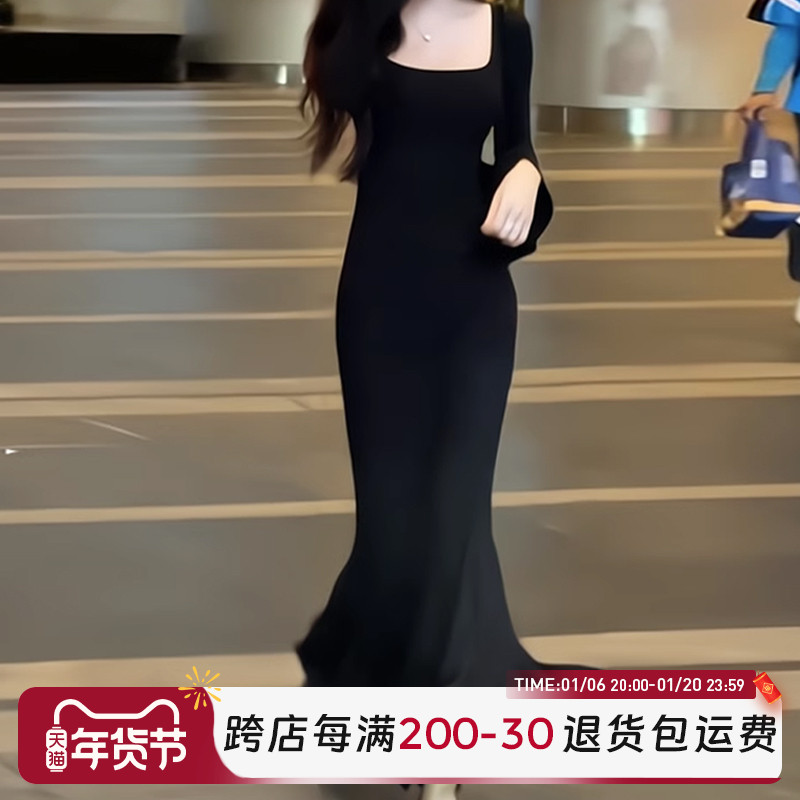 2025 新スーパーホットインナーウェア Bubu Shenglian 黒フィッシュテールニットドレス女性の秋と冬ヒップカバーロングスカート