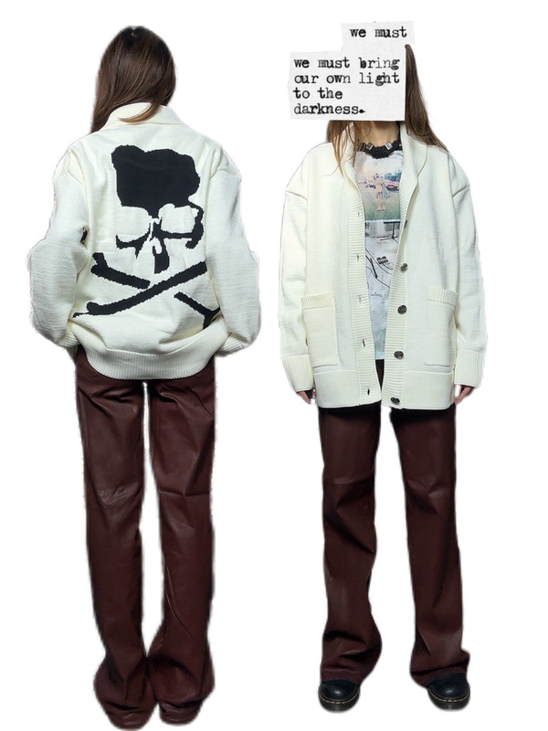 Original Quality Dark Visual Style Skull Subculture Green Collar Cashmere Knit Sweater Jacket for Men and Women