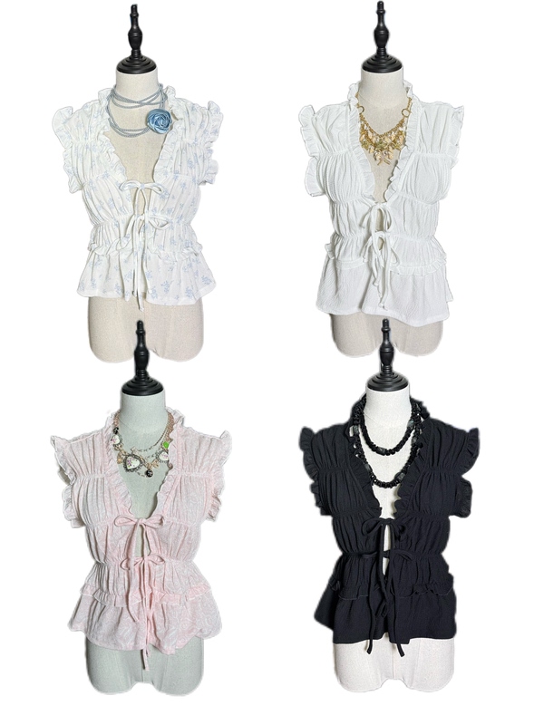 Foreign Trade Summer Casual Textured Ruffled Lace V-Neck Tie Sleeveless French-Style Tank Top for Women